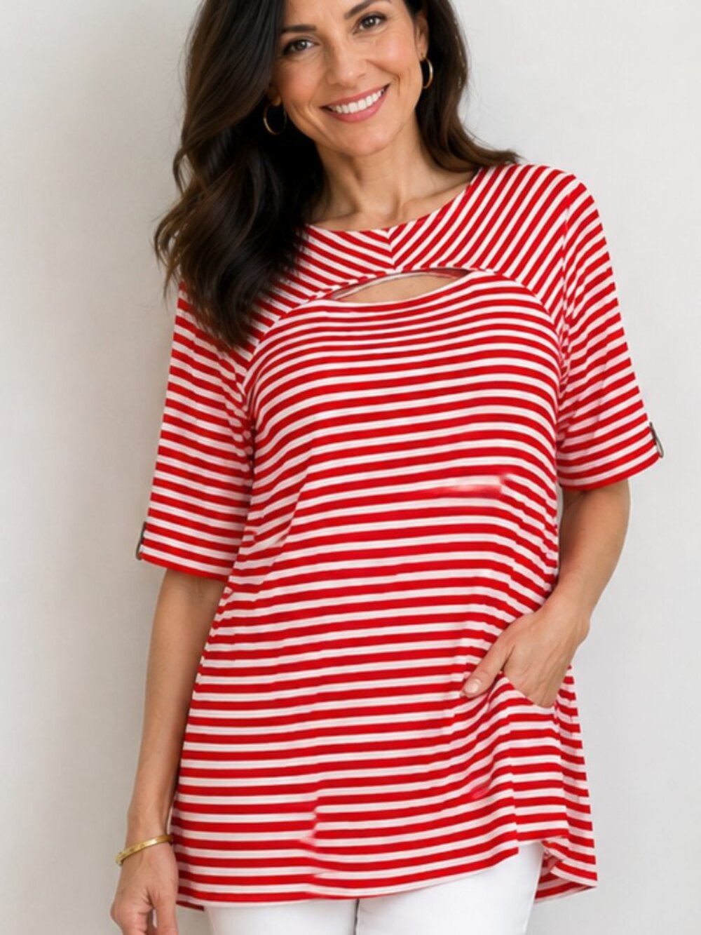 Chico's M 8 10 Red White Isla Capri Peek-A-Boo Cutout Stretch Jersey Top Flaw